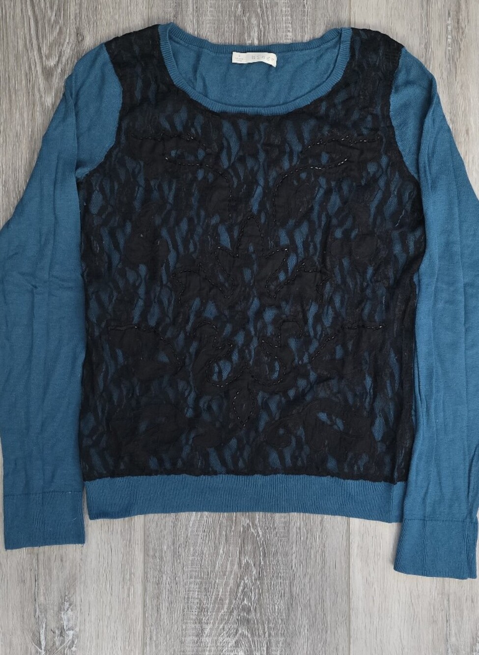 hinge Teal Long-Sleeve Sweater with Black Lace with Beaded Front